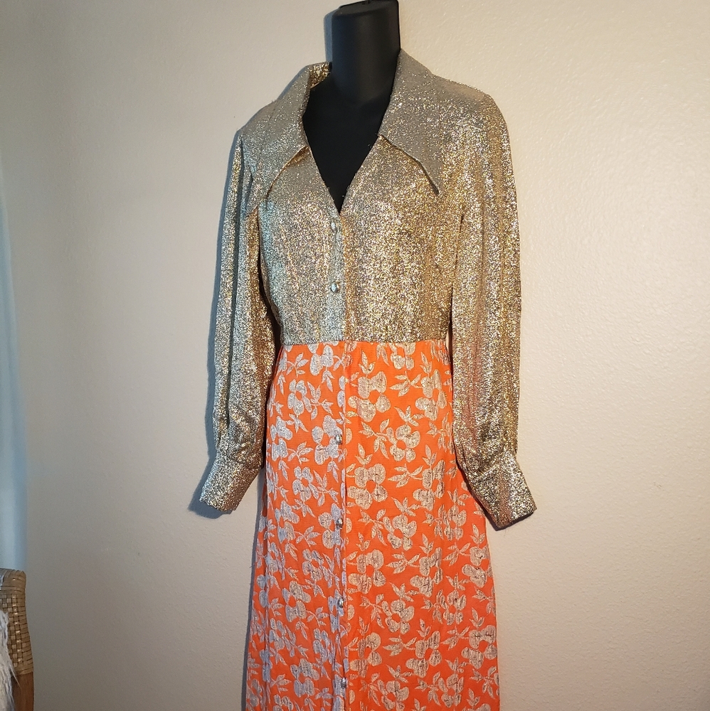 amazing Vintage maxi hostess dress gown. Gloria Moret of California gold lame